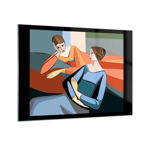 Quadro su vetro - Una scena geometrica di una conversazione tra due donne sullo sfondo di un interno. - 70x50cm - Il momento delle confidenze - Decorazione murale moderna per soggiorno e camera da letto ARTTOR