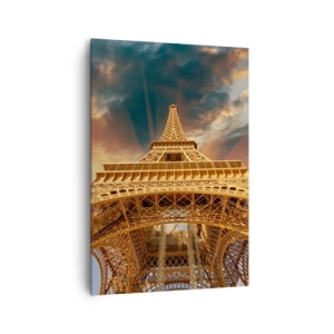 Quadro su tela - Stampe su Tela - La Torre Eiffel dal basso sullo sfondo del sole al tramonto - 70x100cm - Come gli uomini hanno raggiunto il cielo - Decorazione murale moderna per soggiorno e camera da letto ARTTOR