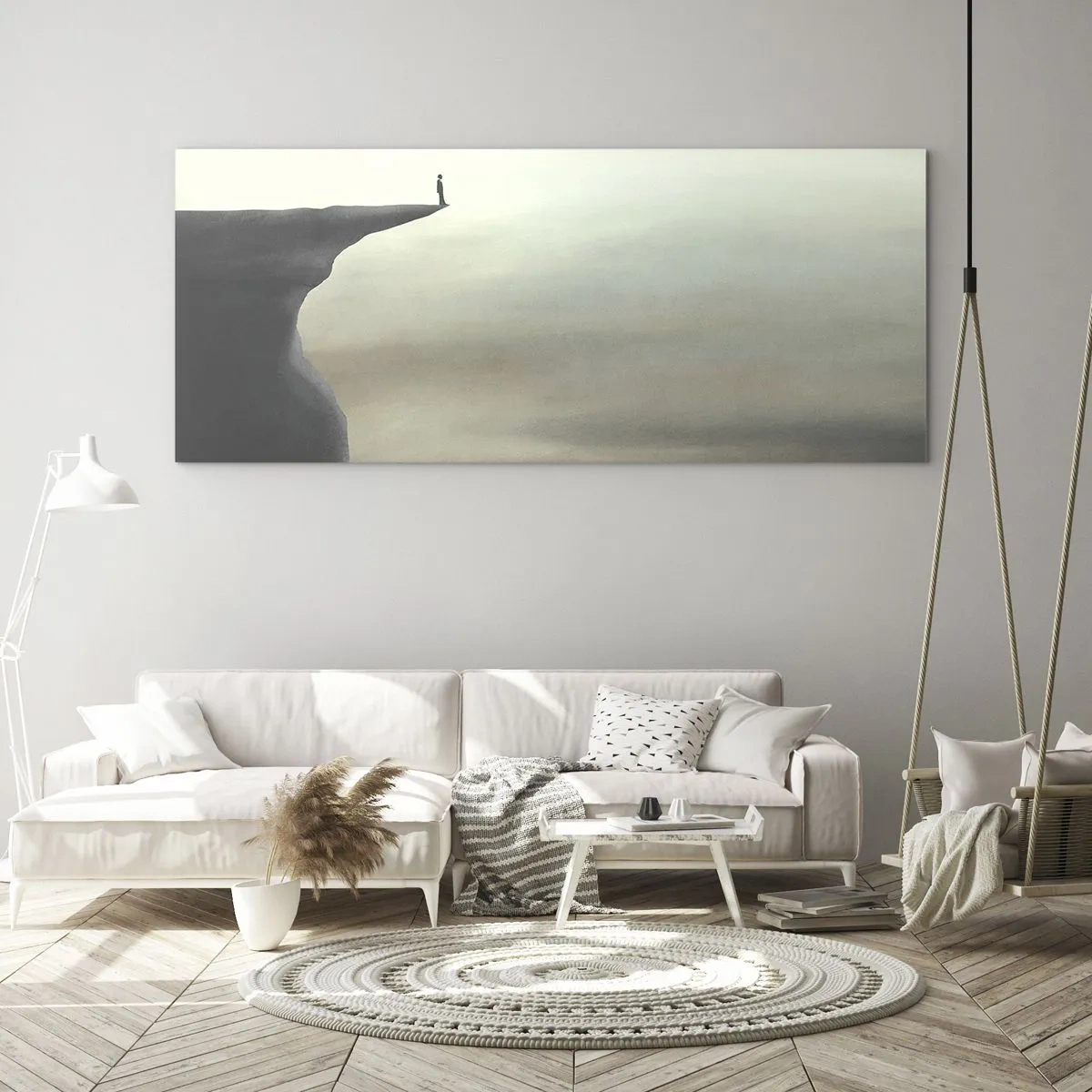 Quadro su vetro - Sagoma di una figura sul bordo di una scogliera in un paesaggio nebbioso - 120x50cm - Certamente verso l'alto! - Decorazione murale moderna per soggiorno e camera da letto ARTTOR