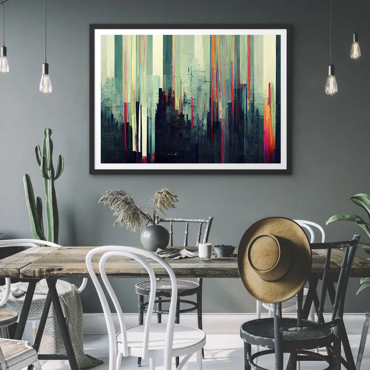 Poster in cornice nera - Astrazione con linee verticali e skyline della città - 70x50cm - Città futuristica - Decorazione murale moderna per soggiorno e camera da letto ARTTOR