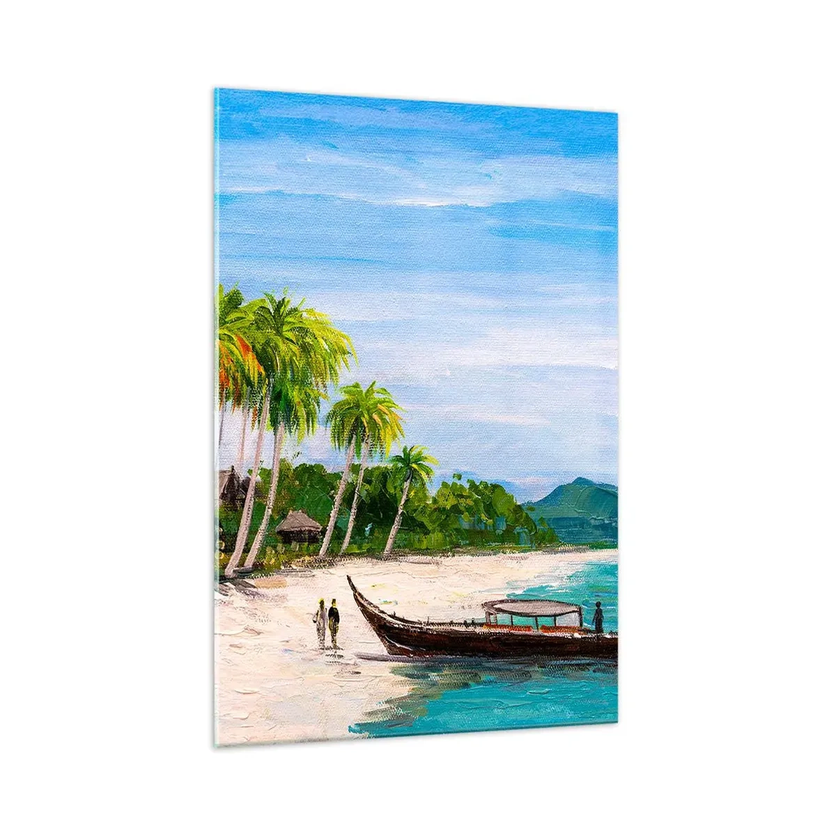 Quadro su vetro - Una spiaggia esotica con palme e una barca sulla riva - 70x100cm - Sogno esotico - Decorazione murale moderna per soggiorno e camera da letto ARTTOR