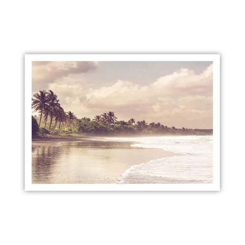Poster - Una spiaggia con palme e onde dolci al mattino - 100x70cm - La carezza delle onde - Decorazione murale moderna per soggiorno e camera da letto ARTTOR
