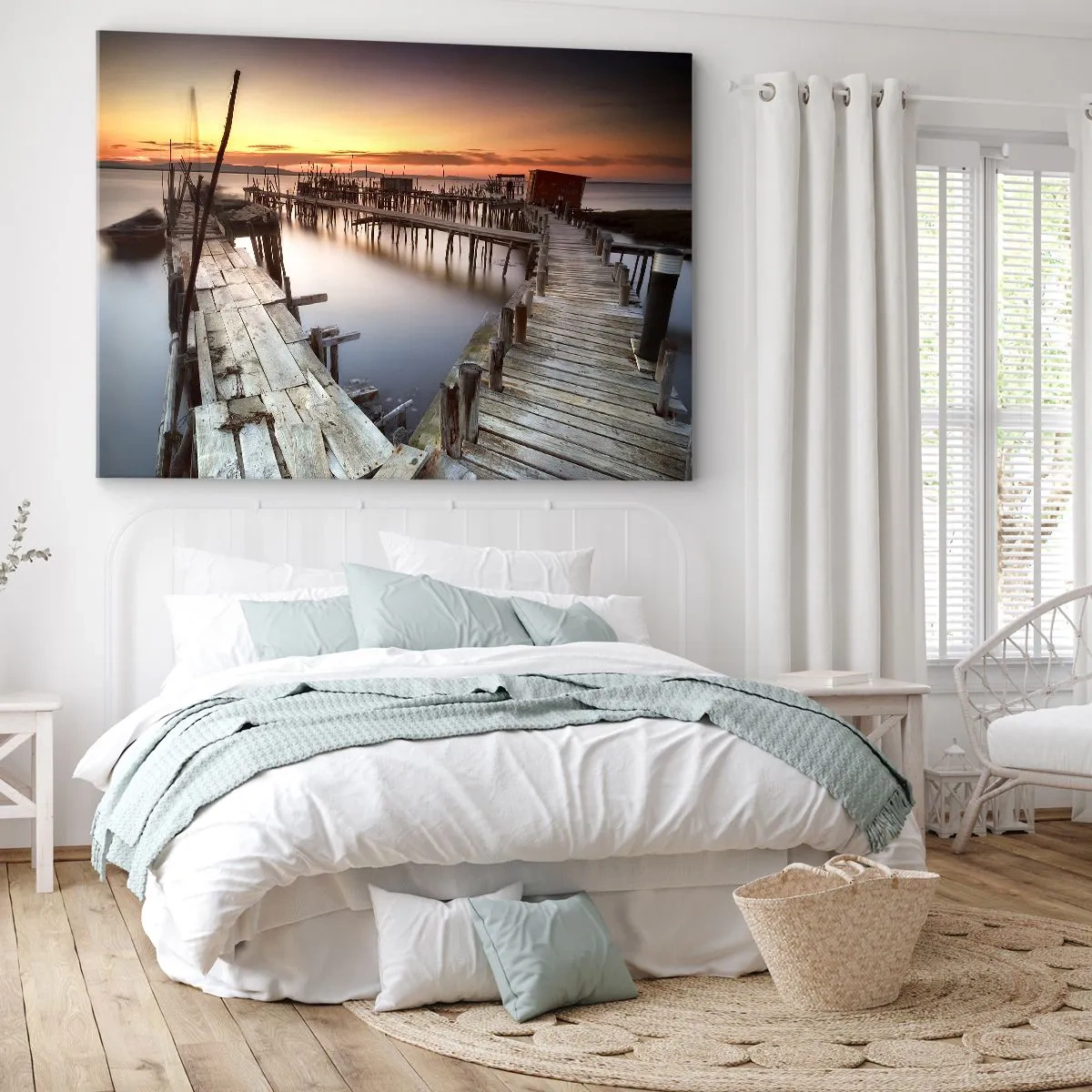 Quadro su tela - Stampe su Tela - Pontili in legno su acque calme al tramonto - 120x80cm - Autentico, non una finzione turistica - Decorazione murale moderna per soggiorno e camera da letto ARTTOR