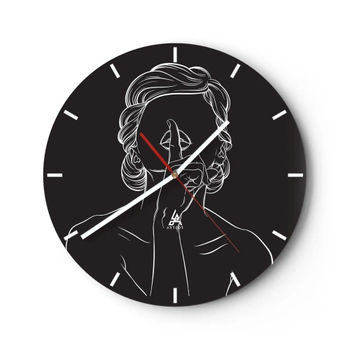 Orologio da parete - Orologio in Vetro - La sagoma bianca di una donna con un dito alla bocca su sfondo nero. - 30x30cm - Il bello emerge nel silenzio - Decorazione murale moderna per soggiorno, cucina e camera da letto ARTTOR
