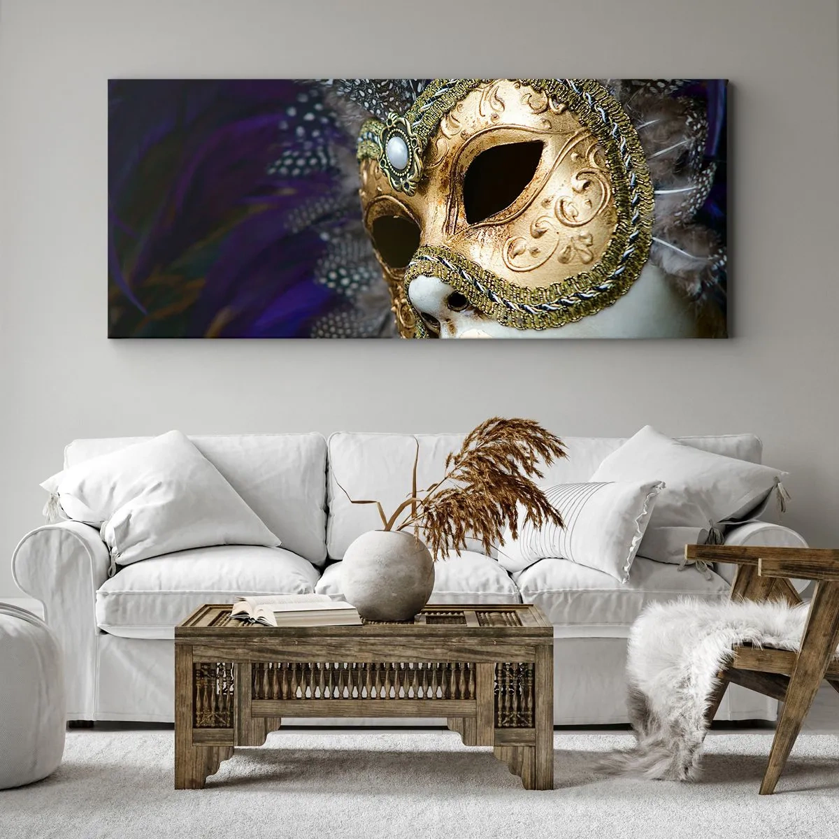 Quadro su tela - Stampe su Tela - Maschera veneziana dorata con piume decorative e ornamenti - 120x50cm - Ritratto di Venezia in oro - Decorazione murale moderna per soggiorno e camera da letto ARTTOR
