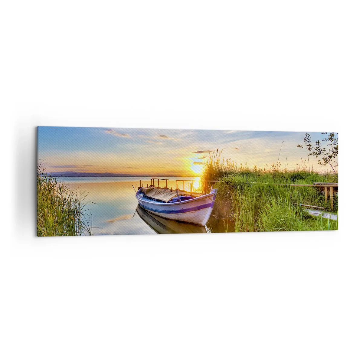 Quadro su tela - Stampe su Tela - Una barca in una baia tranquilla al tramonto - 160x50cm - L'insenatura dei sogni realizzati - Decorazione murale moderna per soggiorno e camera da letto ARTTOR