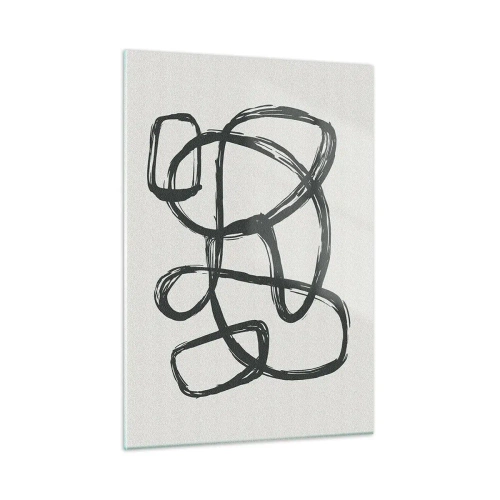 Quadro su vetro - Anelli e linee nere formano una composizione astratta su uno sfondo bianco. - 50x70cm - Astrazione aggrovigliata - Decorazione murale moderna per soggiorno e camera da letto ARTTOR
