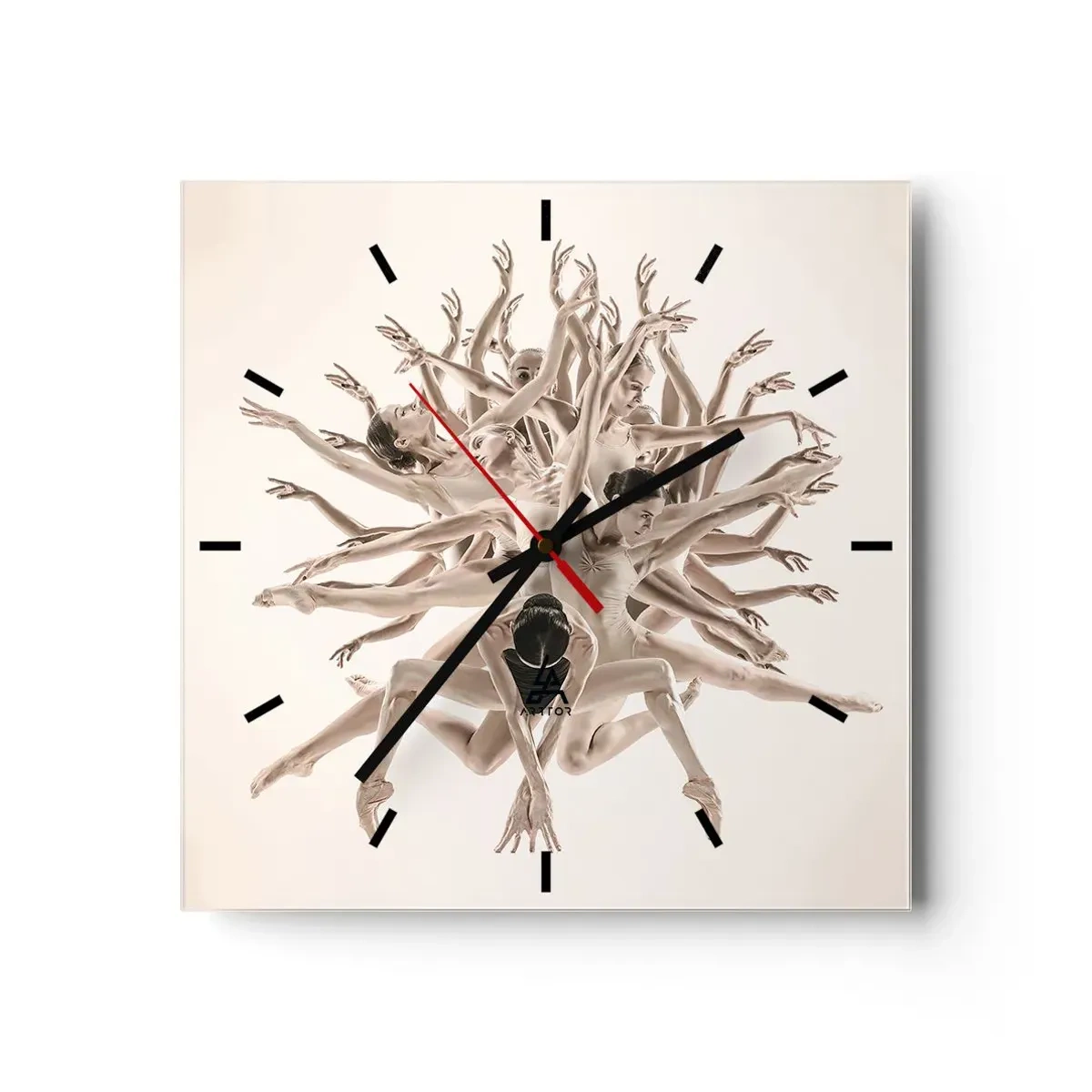 Orologio da parete - Orologio in Vetro - Composizione astratta di ballerini in movimento - 30x30cm - Fiorendo nella danza - Decorazione murale moderna per soggiorno e camera da letto ARTTOR