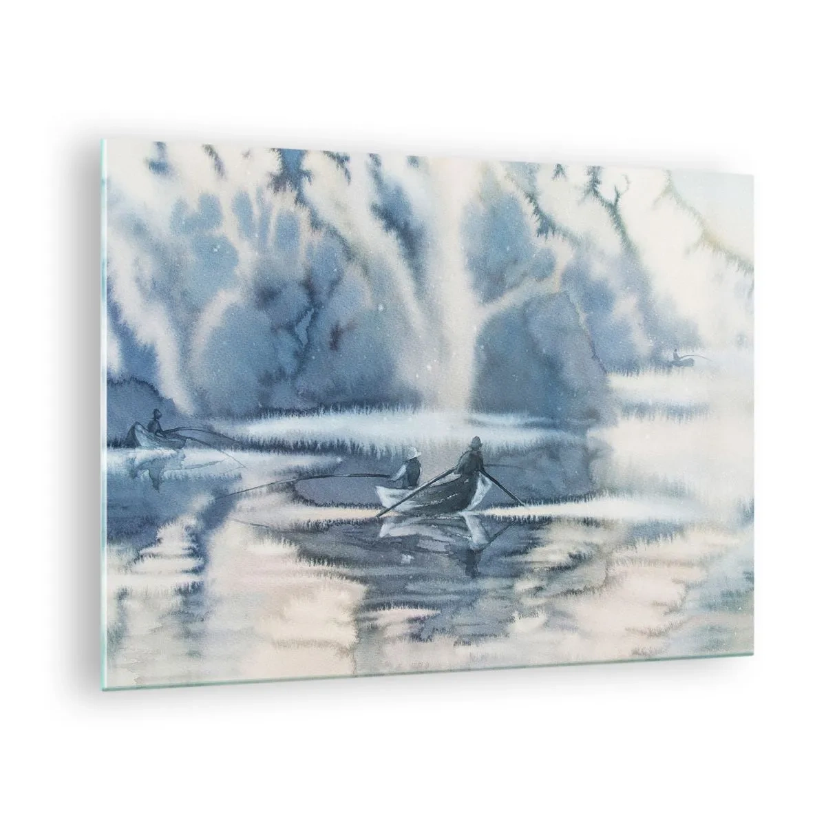 Quadro su vetro - Due pescatori su una barca circondati da un paesaggio nebbioso - 70x50cm - I pescatori nel loro paradiso - Decorazione murale moderna per soggiorno e camera da letto ARTTOR