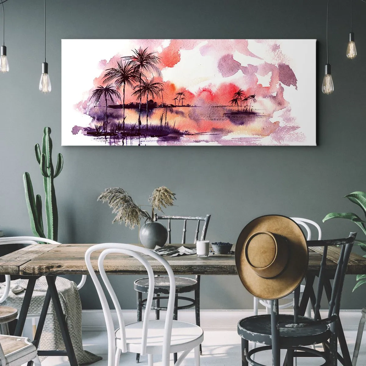 Quadro su tela - Stampe su Tela - Paesaggio tropicale con palme al tramonto in acquerello - 140x50cm - Pace dei tropici in rosso - Decorazione murale moderna per soggiorno e camera da letto ARTTOR
