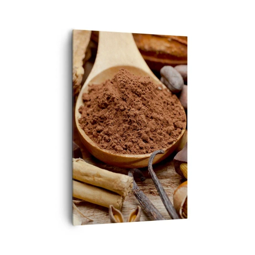 Quadro su tela - Stampe su Tela - Un cucchiaio di cacao e ingredienti al cioccolato in una disposizione rustica - 80x120cm - Ideale per i momenti di tristezza - Decorazione murale moderna per soggiorno e camera da letto ARTTOR