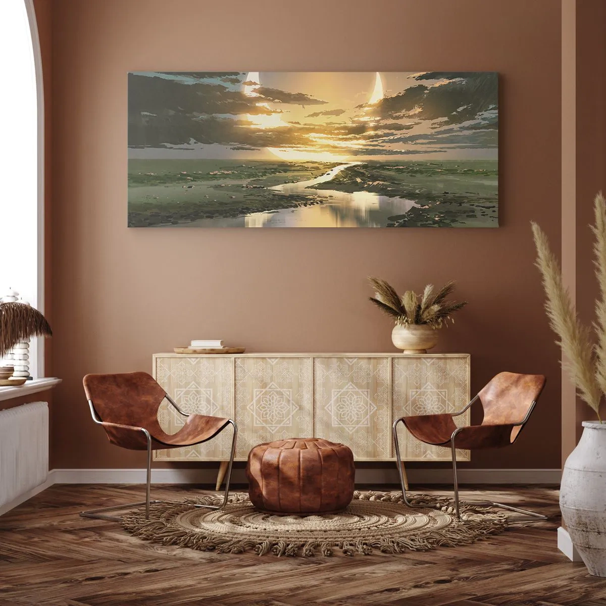 Quadro su tela - Stampe su Tela - Un paesaggio fantastico con due lune all'orizzonte - 140x50cm - Da qualche parte in una galassia lontana - Decorazione murale moderna per soggiorno e camera da letto ARTTOR
