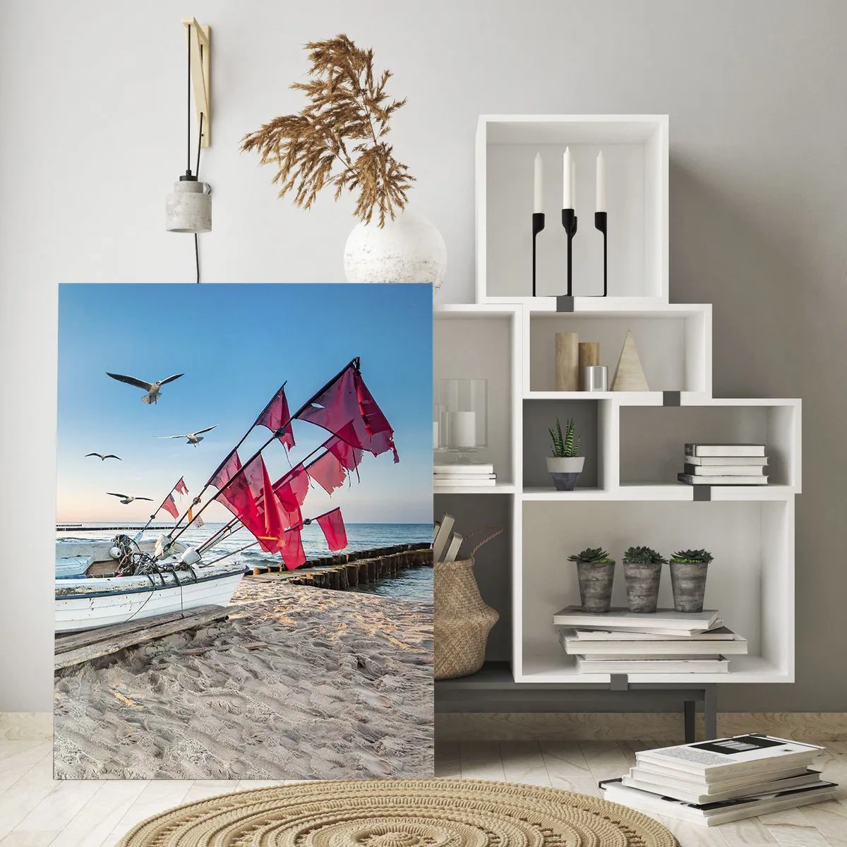 Quadro su vetro - Barca da pesca sulla spiaggia all'alba - 50x70cm - Meritato riposo - Decorazione murale moderna per soggiorno e camera da letto ARTTOR