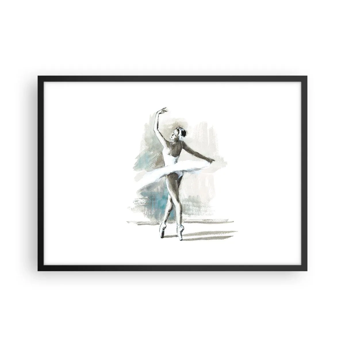 Poster in cornice nera - Una ballerina in posa da balletto su uno sfondo dai delicati toni acquerellati. - 70x50cm - Tramutata in un cigno - Decorazione murale moderna per soggiorno e camera da letto ARTTOR
