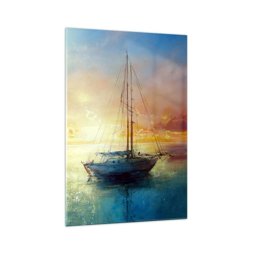 Quadro su vetro - Uno yacht su un mare calmo al tramonto - 70x100cm - Nella baia dorata - Decorazione murale moderna per soggiorno e camera da letto ARTTOR