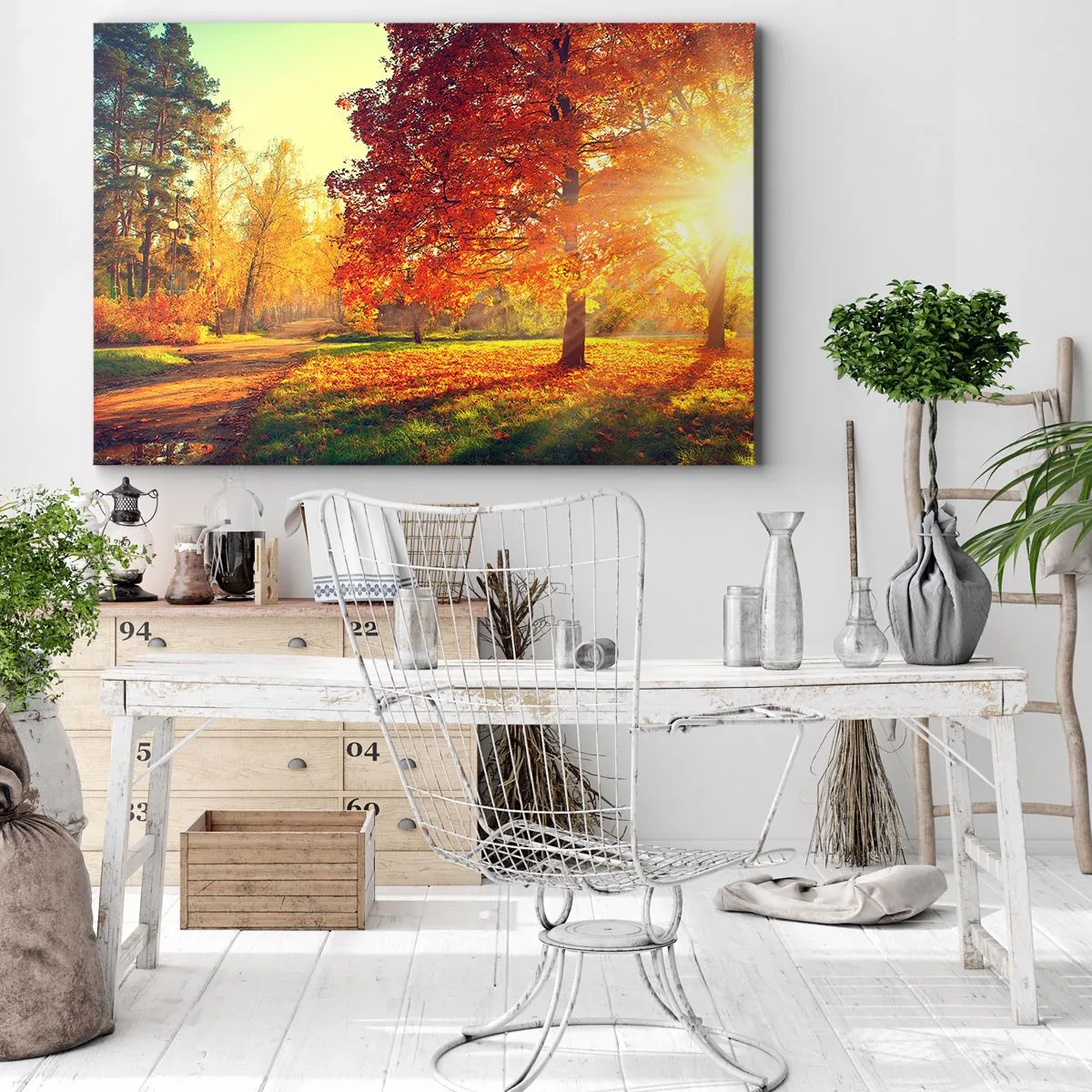 Quadro su tela - Stampe su Tela - Parco autunnale illuminato dalla luce del sole - 70x50cm - Rosso è bello - Decorazione murale moderna per soggiorno e camera da letto ARTTOR