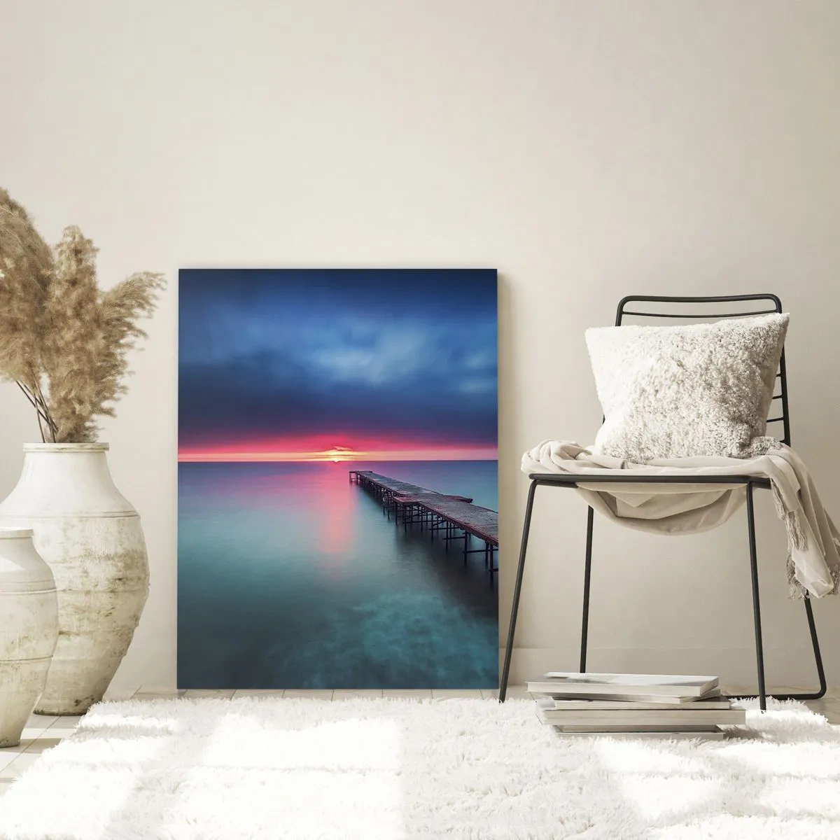 Quadro su vetro - Un molo di legno che conduce direttamente al mare al tramonto - 70x100cm - Tra il cielo e la terra - Decorazione murale moderna per soggiorno e camera da letto ARTTOR