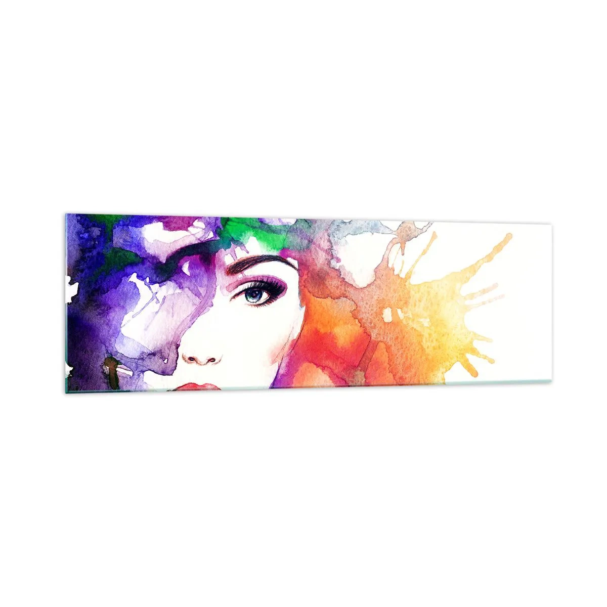 Quadro su vetro - Ritratto di una donna in colori acquerellati con macchie astratte - 160x50cm - Con la testa tra le nuvole - Decorazione murale moderna per soggiorno e camera da letto ARTTOR