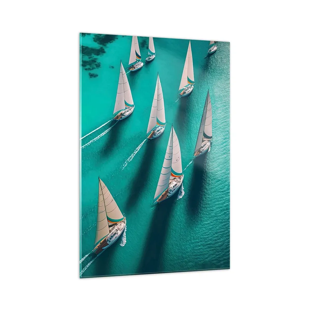 Quadro su vetro - Yacht in movimento dinamico sulle acque turchesi - 70x100cm - In gara con il vento - Decorazione murale moderna per soggiorno e camera da letto ARTTOR