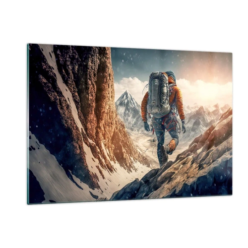 Quadro su vetro - Un escursionista che scala un pendio roccioso e innevato - 120x80cm - Guerriero solitario - Decorazione murale moderna per soggiorno e camera da letto ARTTOR