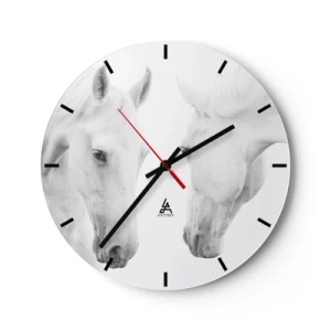 Orologio da parete - Orologio in Vetro - Due cavalli bianchi in piedi uno di fronte all'altro su uno sfondo bianco - 30x30cm - È amicizia? - Decorazione murale moderna per soggiorno, cucina e camera da letto ARTTOR
