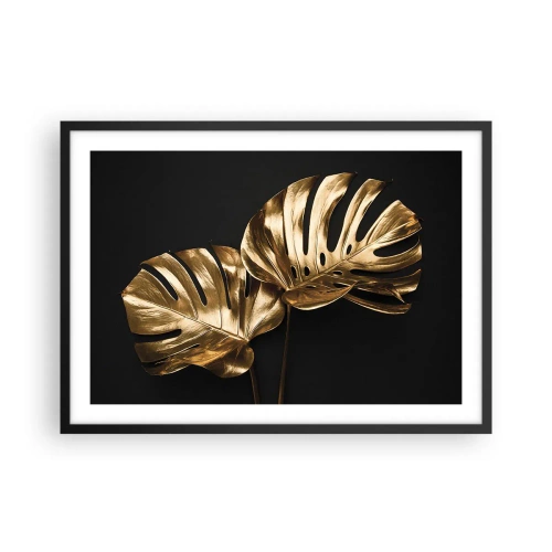 Poster in cornice nera - Foglie di monstera dorate su sfondo nero - 70x50cm - I tesori della natura - Decorazione murale moderna per soggiorno e camera da letto ARTTOR