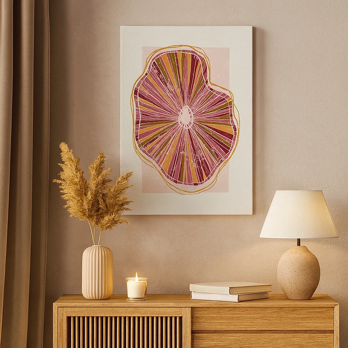 Quadro su tela - Stampe su Tela - Motivo astratto a fette di albero in tonalità rosa - 50x70cm - Astrazione raggiante - Decorazione murale moderna per soggiorno e camera da letto ARTTOR