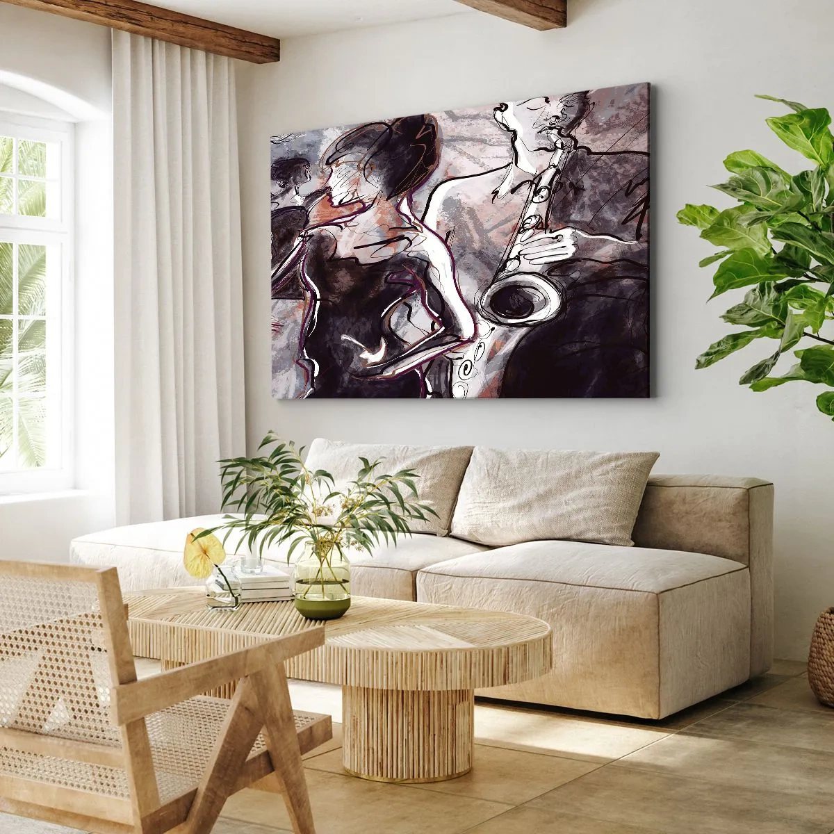 Quadro su tela - Stampe su Tela - Scena jazz astratta con un sassofonista e una donna che balla. - 100x70cm - Sciogliersi nella musica - Decorazione murale moderna per soggiorno e camera da letto ARTTOR