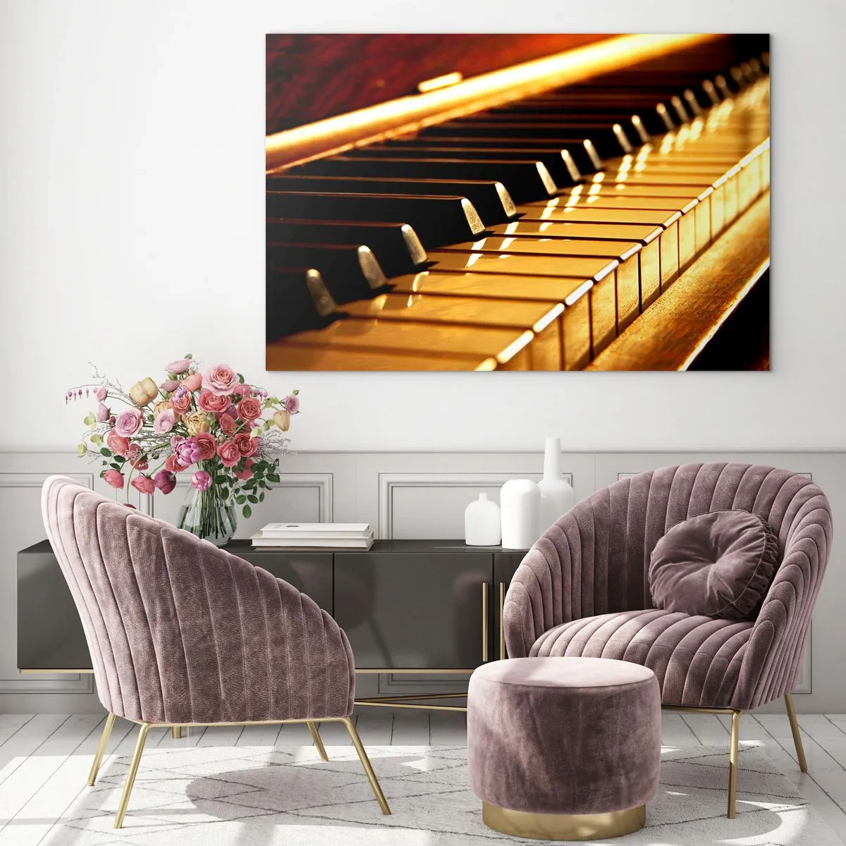 Quadro su vetro - Primo piano dei tasti del pianoforte in luce calda - 70x50cm - Possibilità illimitate - Decorazione murale moderna per soggiorno e camera da letto ARTTOR