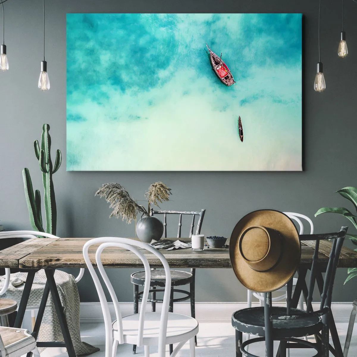 Quadro su tela - Stampe su Tela - Barche sull'acqua turchese viste da una prospettiva a volo d'uccello - 100x70cm - Nelle spiagge di Zanzibar, quando c'è troppa acqua... - Decorazione murale moderna per soggiorno e camera da letto ARTTOR