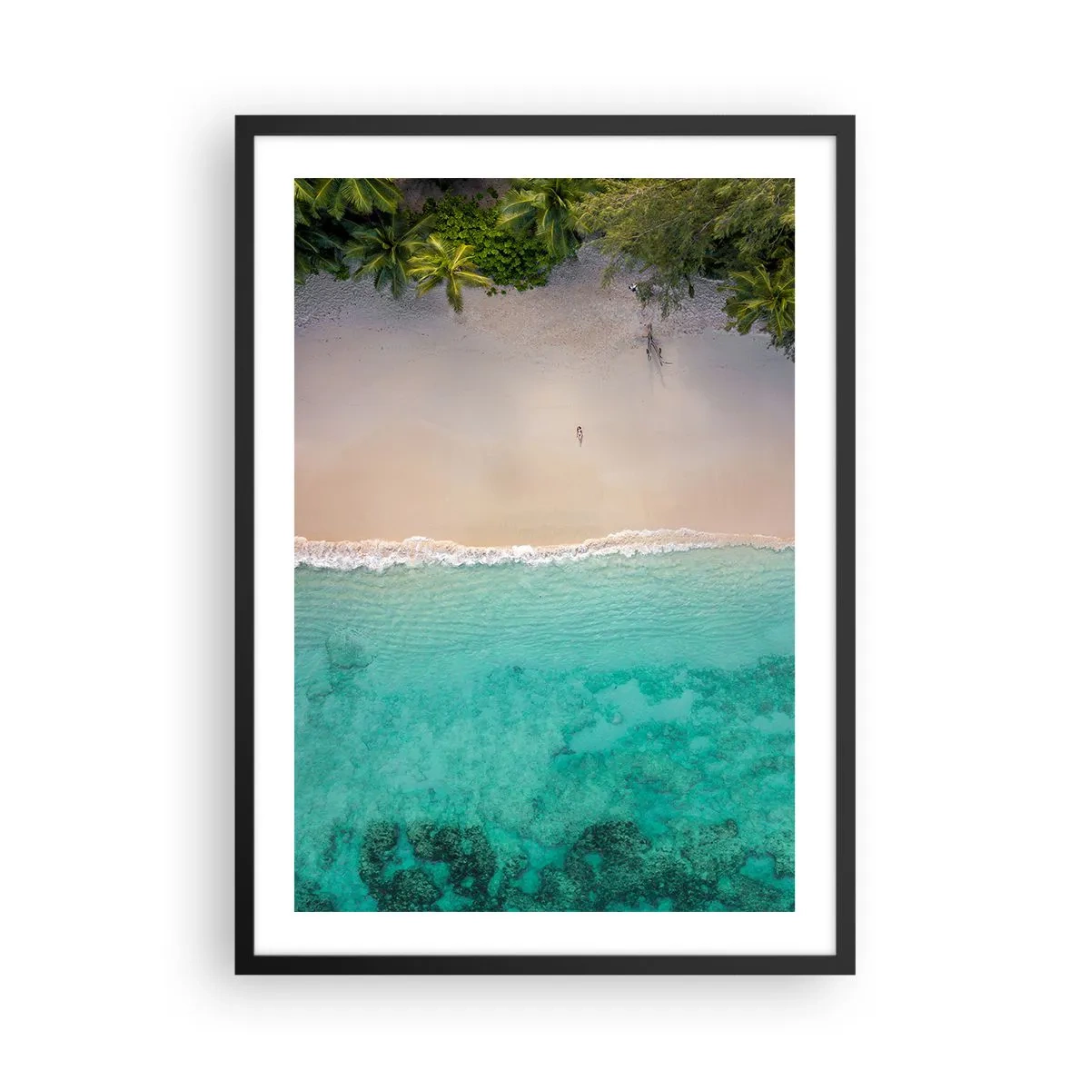 Poster in cornice nera - Vista aerea della spiaggia con acqua turchese e palme - 50x70cm - Spiaggia del paradiso - Decorazione murale moderna per soggiorno e camera da letto ARTTOR