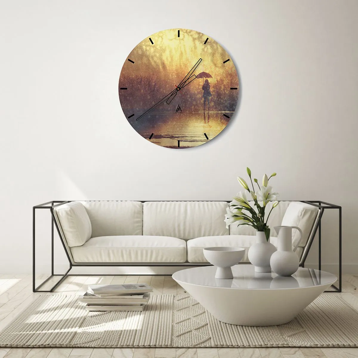 Orologio da parete - Orologio in Vetro - Una figura con un ombrello sullo sfondo di pioggia e luce calda - 30x30cm - Sento che qualcuno mi guarda - Decorazione murale moderna per soggiorno, cucina e camera da letto ARTTOR