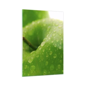 Quadro su vetro - Primo piano di una mela verde con gocce d'acqua - 70x100cm - Rinfrescante verde freschezza - Decorazione murale moderna per soggiorno e camera da letto ARTTOR