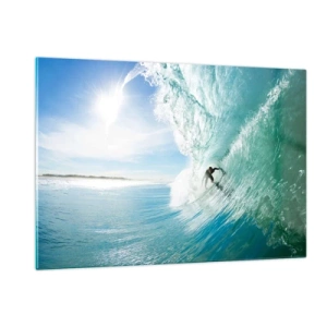 Quadro su vetro - Un surfista cavalca un'onda contro un cielo blu - 120x80cm - Sempre sull'onda - Decorazione murale moderna per soggiorno e camera da letto ARTTOR