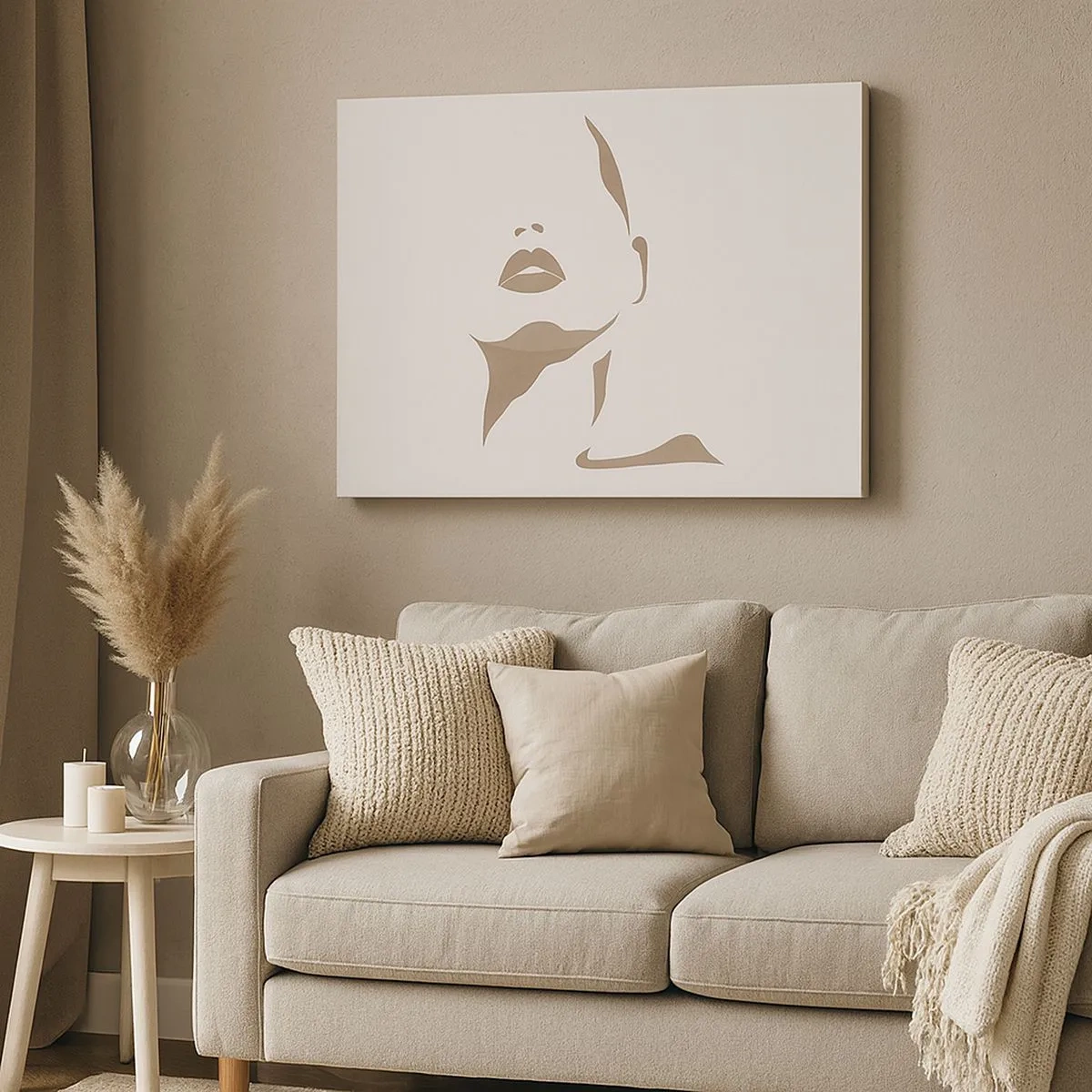 Quadro su tela - Stampe su Tela - Contorno minimalista del viso di una donna in delicati toni beige - 70x50cm - Fatta di luce e ombra - Decorazione murale moderna per soggiorno e camera da letto ARTTOR