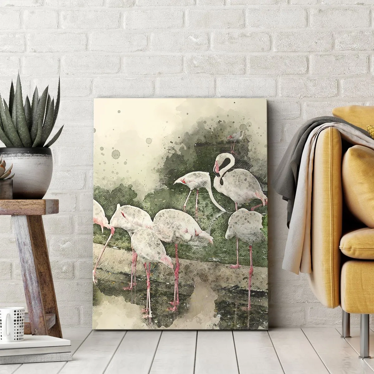 Quadro su tela - Stampe su Tela - Fenicotteri nel loro ambiente naturale in stile acquerello - 50x70cm - Sogno esotico - Decorazione murale moderna per soggiorno e camera da letto ARTTOR