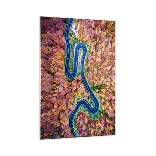 Quadro su vetro - Una strada tortuosa in una foresta autunnale vista a volo d'uccello - 80x120cm - Via tortuosa attraverso il bosco - Decorazione murale moderna per soggiorno e camera da letto ARTTOR