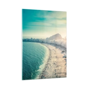 Quadro su vetro - Panorama della spiaggia con edifici urbani e montagne sullo sfondo - 50x70cm - Vacanze senza fine a Rio - Decorazione murale moderna per soggiorno e camera da letto ARTTOR