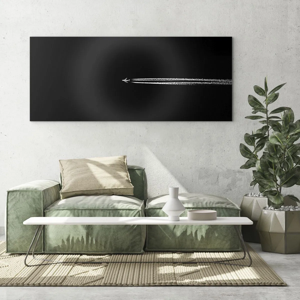 Quadro su vetro - Un aereo a reazione con una scia di condensazione visibile su uno sfondo nero - 120x50cm - In un'altra dimensione - Decorazione murale moderna per soggiorno e camera da letto ARTTOR