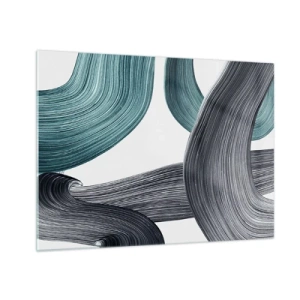 Quadro su vetro - Striature dinamiche nei toni dello smeraldo e del nero su sfondo bianco - 70x50cm - Tracce smeraldo e nero - Decorazione murale moderna per soggiorno e camera da letto ARTTOR