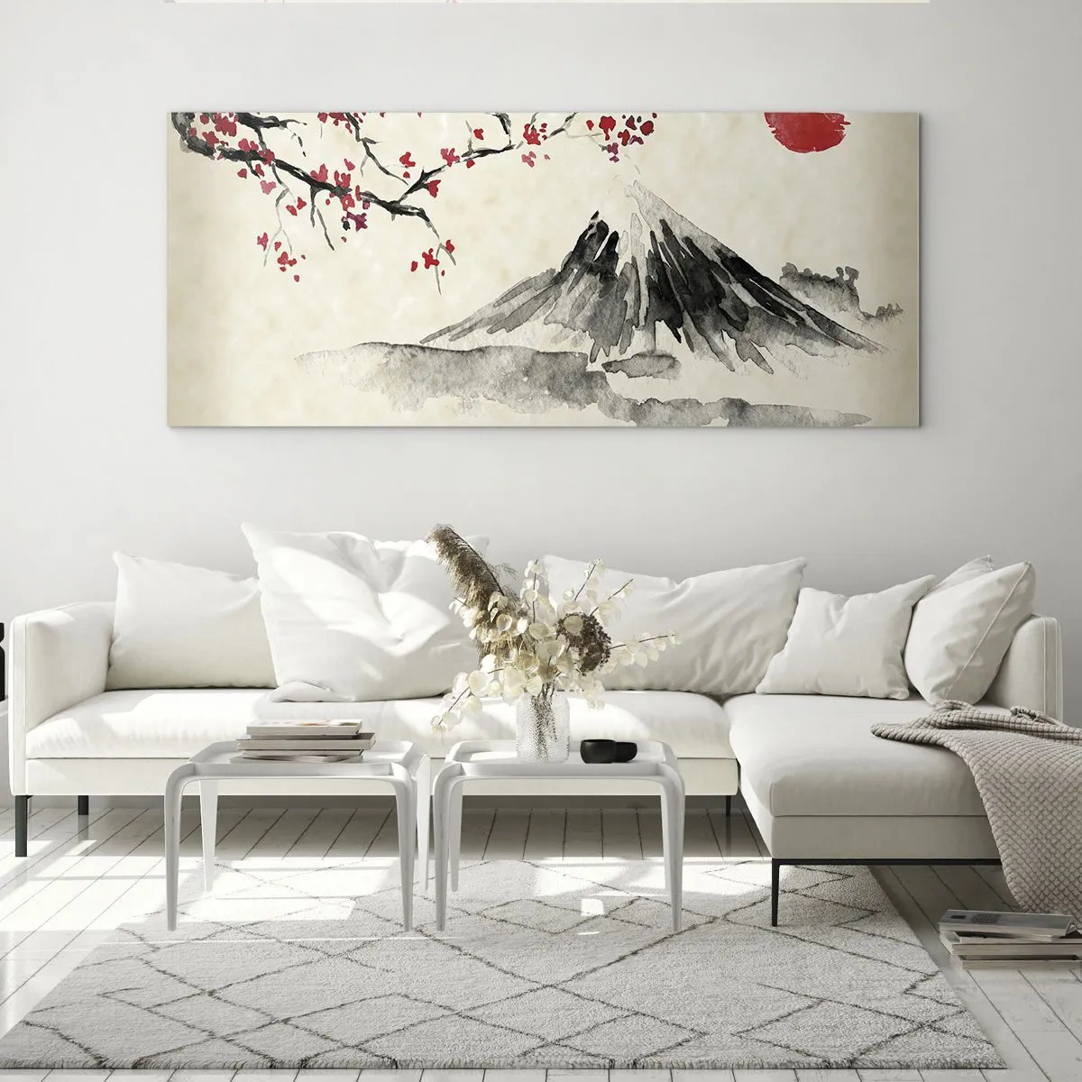 Quadro su vetro - Un paesaggio pittoresco con una montagna, fiori di ciliegio e sole - 160x50cm - Amore per il Giappone - Decorazione murale moderna per soggiorno e camera da letto ARTTOR