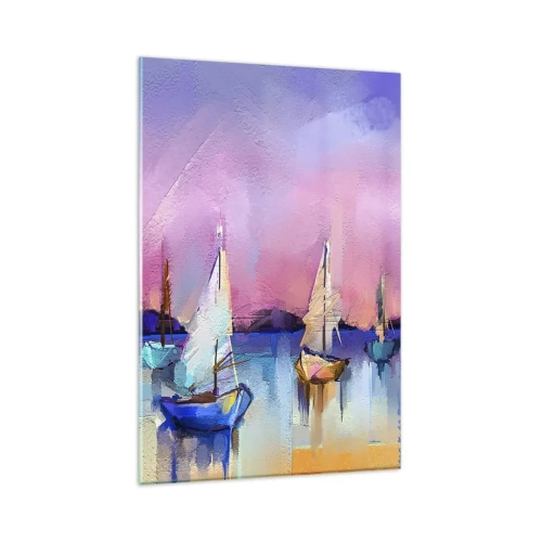 Quadro su vetro - Barche a vela su un mare calmo nei colori pastello del tramonto - 80x120cm - Direzione: mare aperto - Decorazione murale moderna per soggiorno e camera da letto ARTTOR