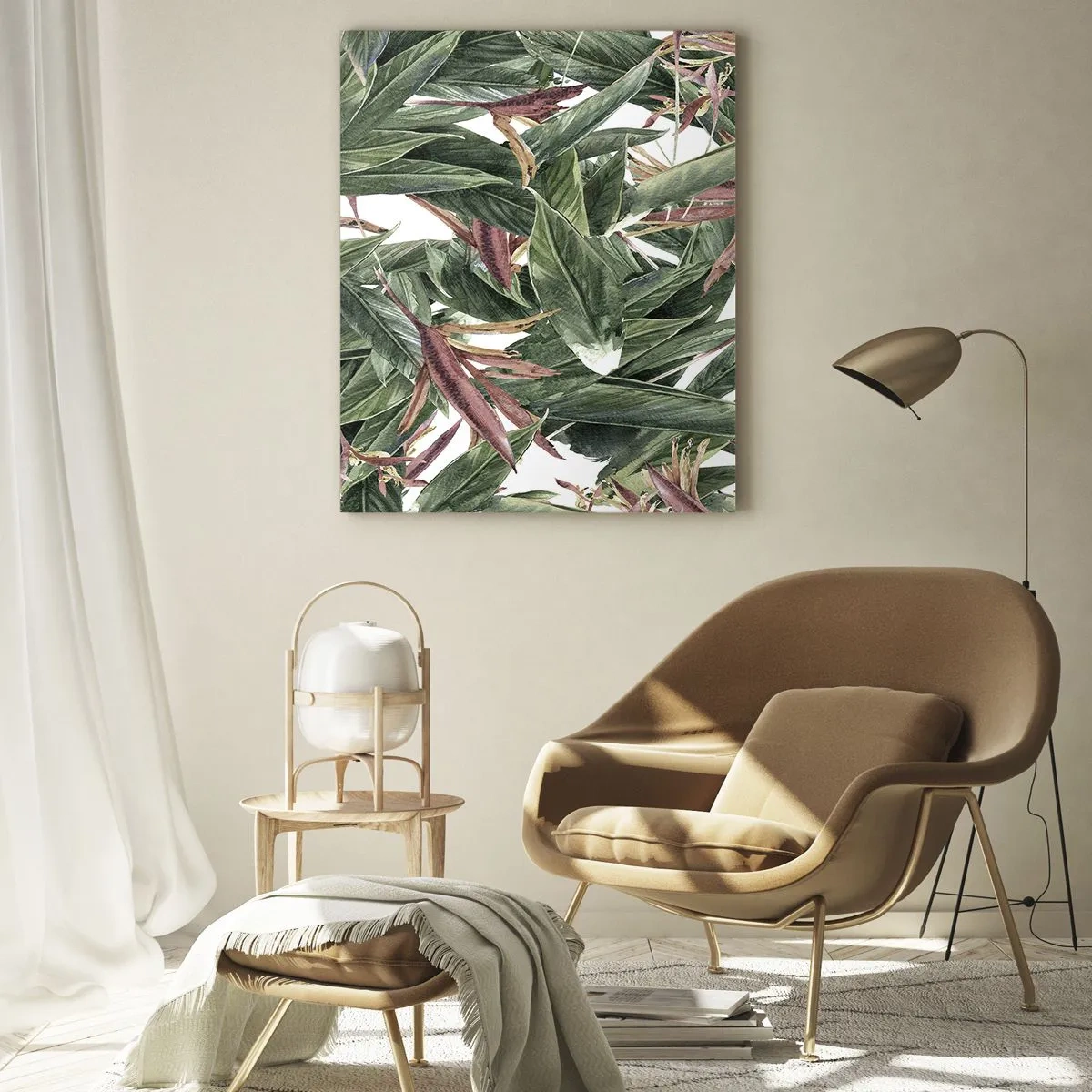 Quadro su vetro - Un motivo decorativo a foglia nei toni del verde e del bordeaux su uno sfondo chiaro - 80x120cm - Macchia smeraldo e lilla - Decorazione murale moderna per soggiorno e camera da letto ARTTOR