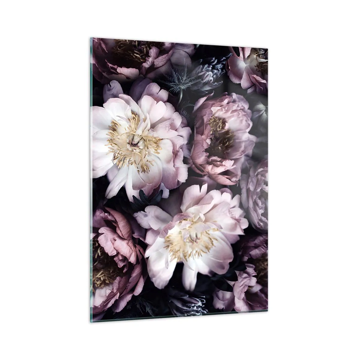 Quadro su vetro - Un romantico bouquet di peonie in tenui toni viola e rosa - 50x70cm - Bouquet nel vecchio stile - Decorazione murale moderna per soggiorno e camera da letto ARTTOR