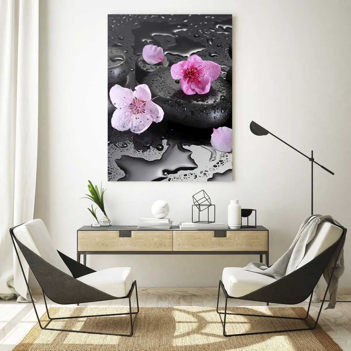Quadro su vetro - Pietre da spa con fiori su sfondo bagnato - 50x70cm - E il cuore si libera di un peso - Decorazione murale moderna per soggiorno e camera da letto ARTTOR