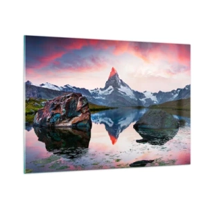 Quadro su vetro - Una cima di montagna riflessa nella calma superficie di un lago al tramonto - 100x70cm - Il cuore dei monti è rovente - Decorazione murale moderna per soggiorno e camera da letto ARTTOR