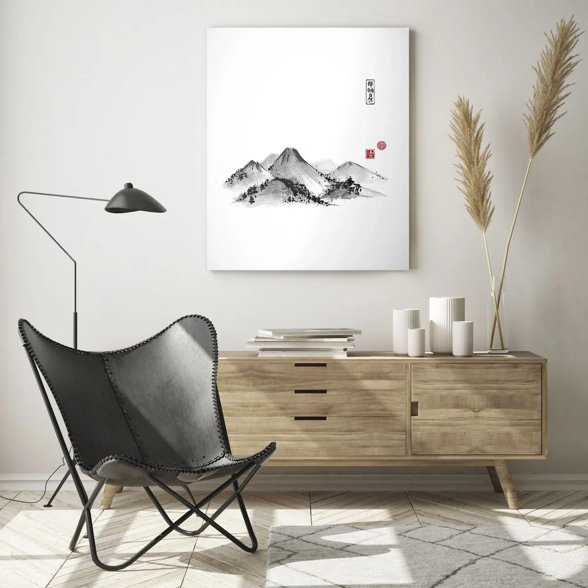 Quadro su vetro - Paesaggio montano tradizionale nello stile della pittura a inchiostro giapponese - 80x120cm - Troppo lontano - Decorazione murale moderna per soggiorno e camera da letto ARTTOR
