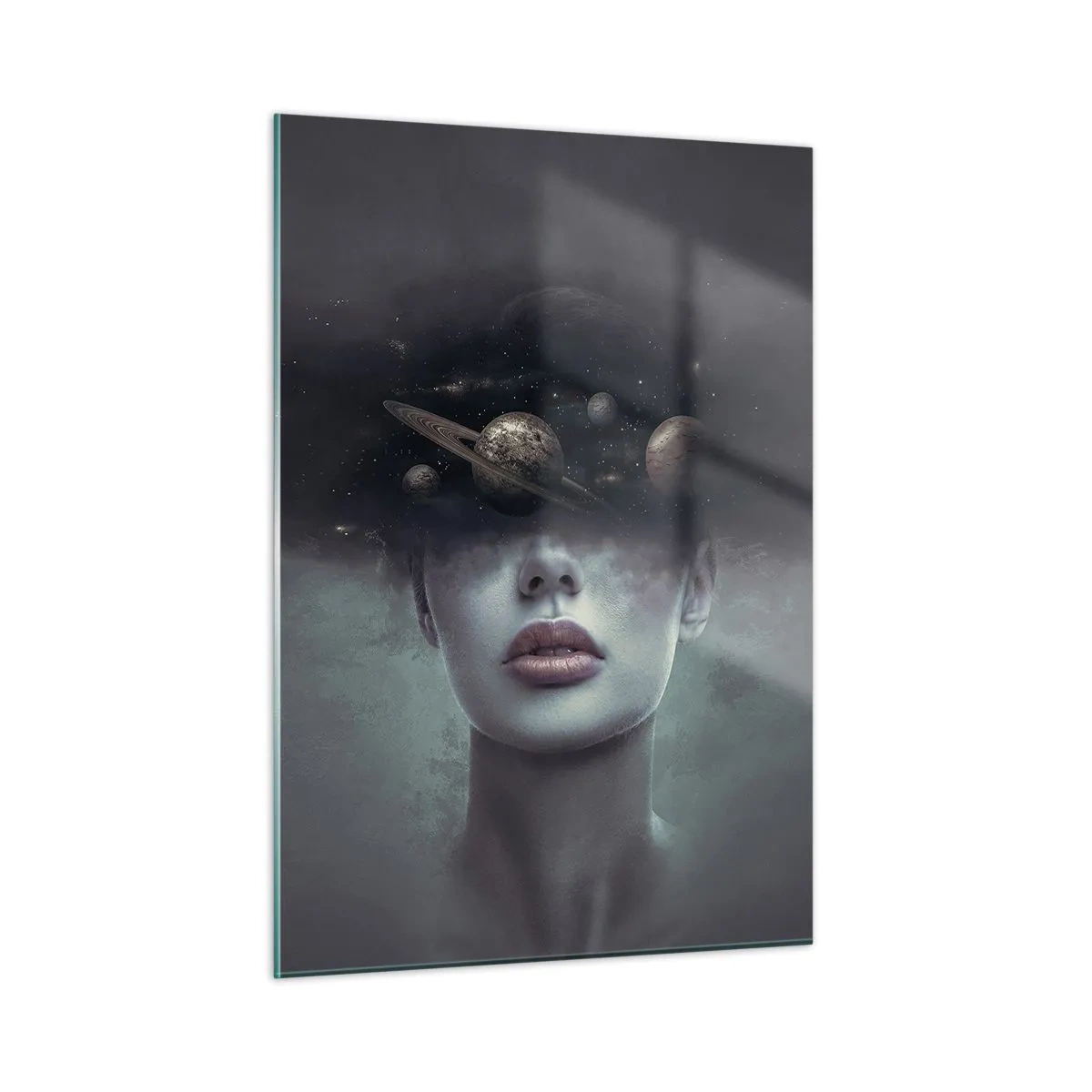 Quadro su vetro - Una donna con pianeti al posto della testa in una composizione surreale - 50x70cm - E i pianeti folleggiano... - Decorazione murale moderna per soggiorno e camera da letto ARTTOR