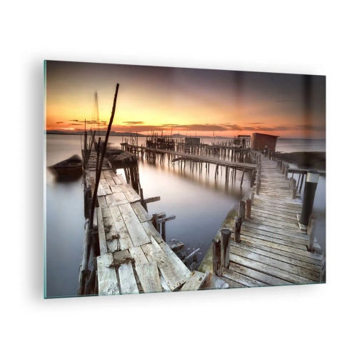 Quadro su vetro - Moli di legno al tramonto su un lago calmo - 70x50cm - Autentico, non una finzione turistica - Decorazione murale moderna per soggiorno e camera da letto ARTTOR