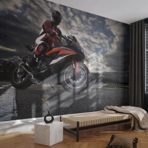 Fotomurali Premium Canvas - Un motociclista su una moto sportiva contro un cielo nuvoloso - 100x70cm - Il cavaliere oscuro - Decorazione murale moderna per soggiorno e camera da letto ARTTOR